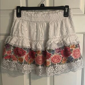 LoveShackFancy White Skirt with Pink and Red Floral Embroidery
